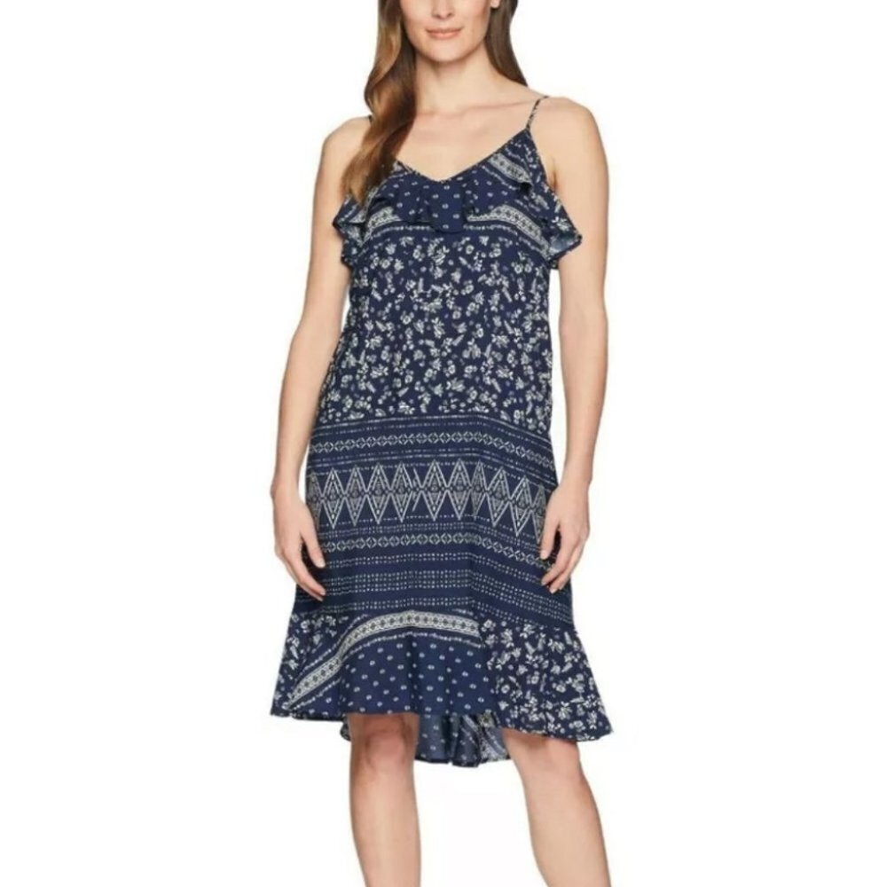 Vince  Camuto Navy Ditsy Floral Liberty geometric Print ruffle midi dress S